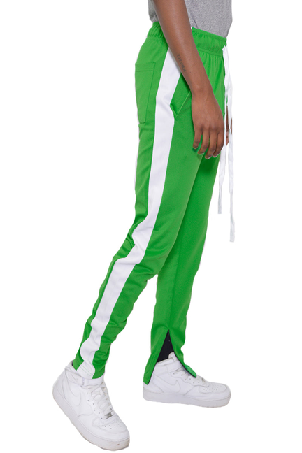 Green slim fit track pants with white side stripes and elastic cuffs