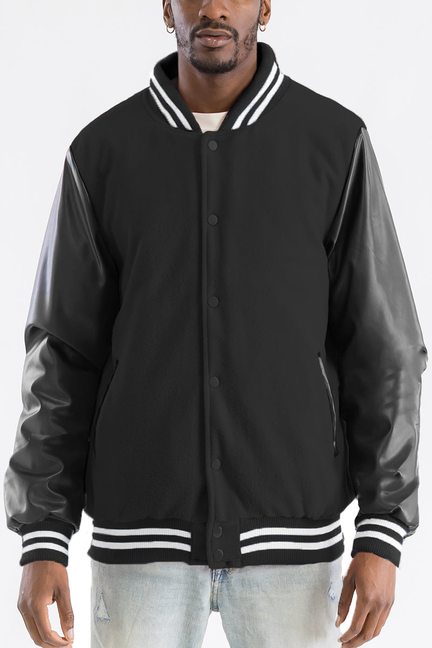 Black letterman jacket with button-front and striped ribbed collar, cuffs, and hem