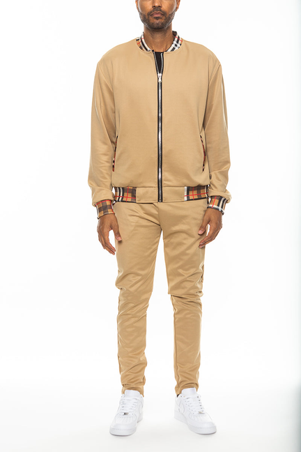 Khaki checkered track jacket set with zip front and matching pants