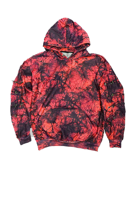 Red and black graphic pullover hoodie with kangaroo pocket, hood, and side-toggle accents.