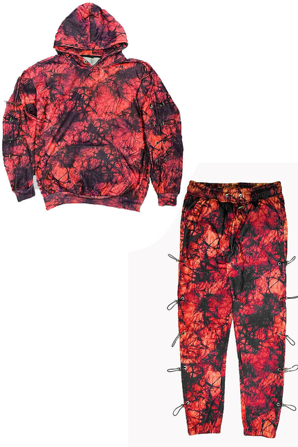 Red and black graphic side-toggle hoodie and joggers set, hooded top with kangaroo pocket.