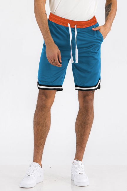 Aqua sport shorts with white drawstring, contrast orange waistband, and trimmed hems