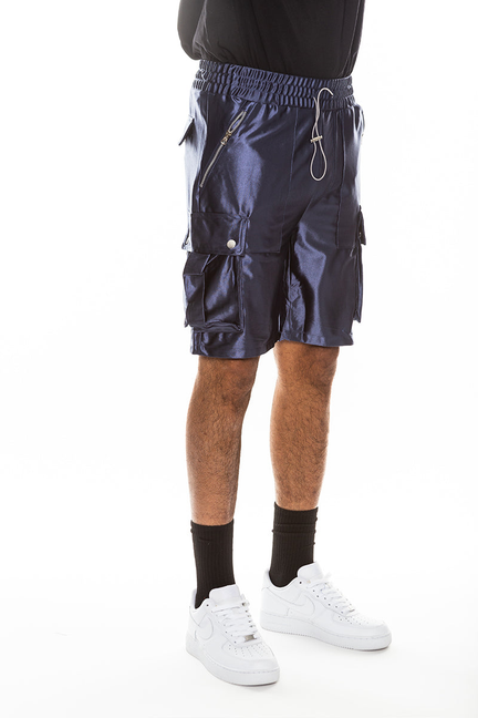 Navy satin cargo shorts with elastic waist, drawstring, and side cargo pockets