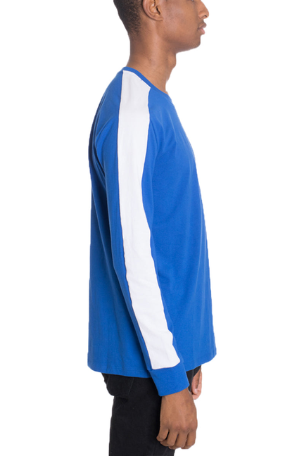 Blue and white single-stripe long sleeve shirt with crew neck, side view