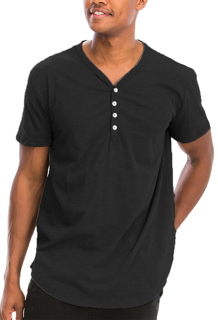 Black scallop-edge henley tee with short sleeves and button placket