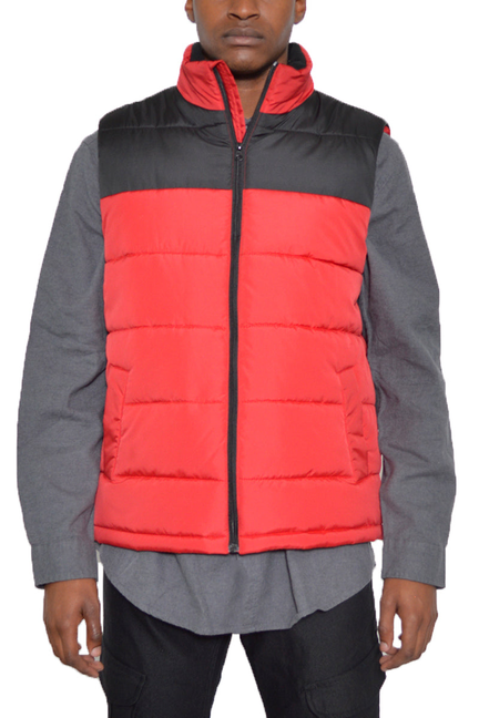 Two-tone padded vest with red front panels and black side panels, full-zip with stand collar