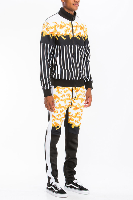 Printed track set with zip-up jacket and matching pants, orange-gold scroll print accents