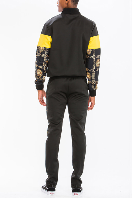 Men's black track set with yellow sleeve panel and geometric print, back view