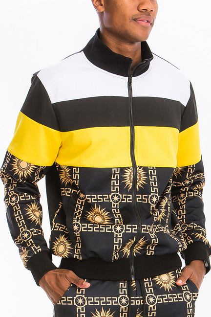 Men's black track jacket with yellow stripe shoulders and gold geometric print