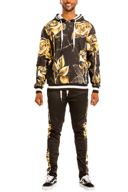 Black printed sweat set with gold rose/leaf hoodie and matching jogger pants, rib cuffs.