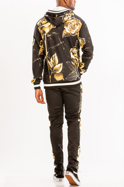 Black printed sweat set back view: gold rose/leaf hoodie and matching jogger pants.