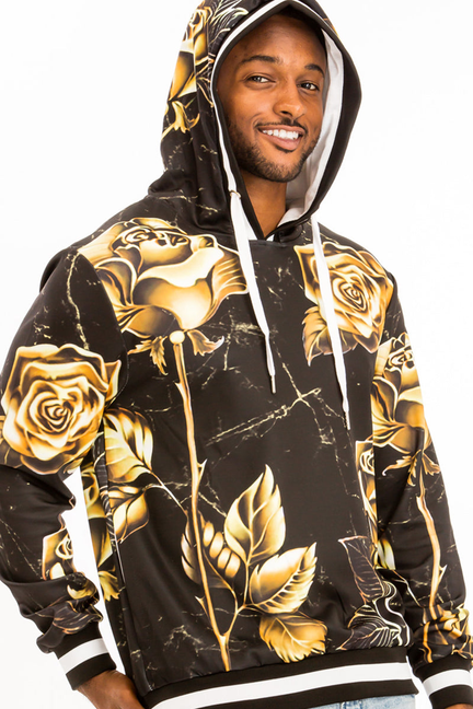 Black printed hoodie with gold rose and leaf graphics, white drawstring and rib trim.