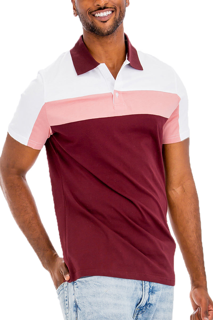 Maroon polo shirt with white sleeves and pink chest panel