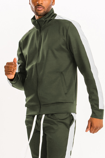 Olive track jacket with white sleeve stripe and full zip