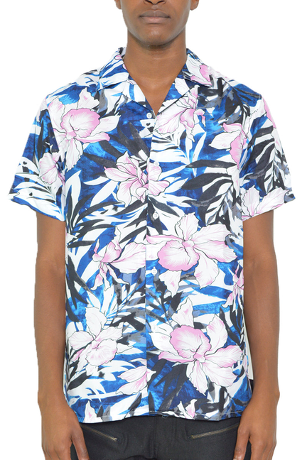 Men's short-sleeve button-up shirt in blue with pink and white floral print