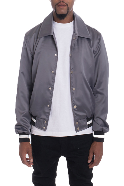 Grey satin bomber jacket with snap button front and ribbed cuffs