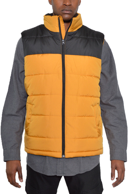 Two-tone padded vest with black and orange panels, full-zip front, stand collar