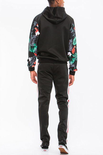 Men's track set back view: black hooded jacket and track pants with red/white stripes