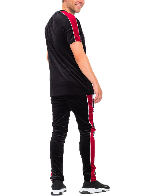 Velvet set tracksuit: black short-sleeve top and pants with red side piping