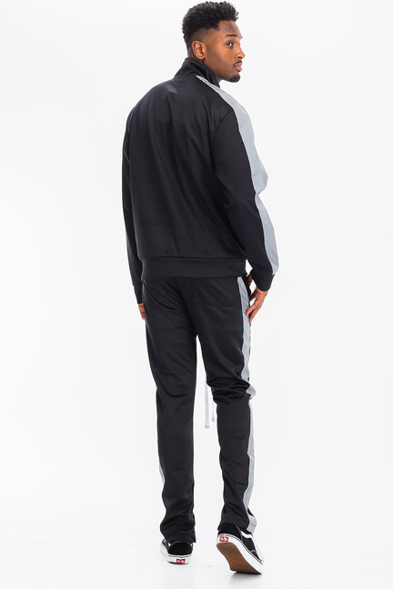 Men's black track set with reflective single stripe jacket and jogger pants