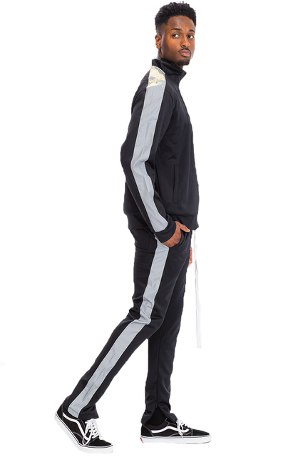 Men's black track set with reflective single stripe on jacket sleeves and pant legs