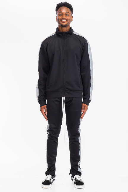 Men's black reflective single stripe track set with zip jacket and jogger pants