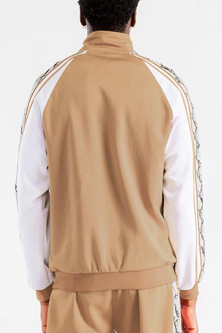 Khaki track jacket with white snake-pattern side stripes, back view