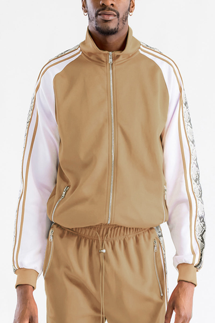 Khaki track jacket with front zip, stand collar, snake-pattern side stripes