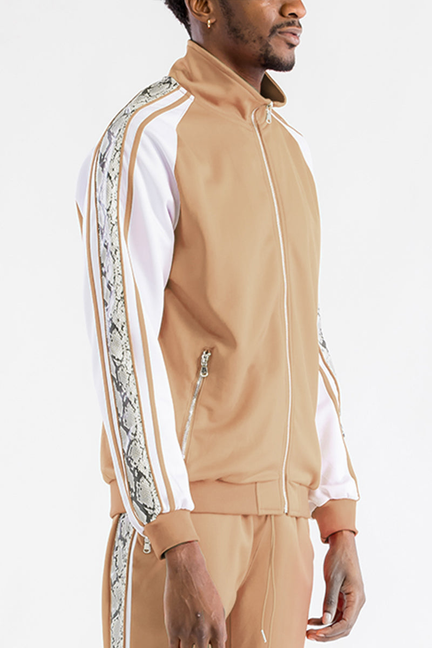 Khaki track jacket with snake-pattern side stripes and white sleeves, side view