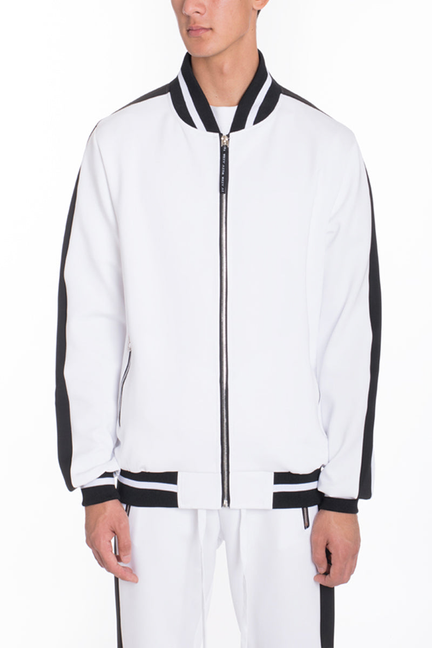 White track jacket with front zip, black-striped cuffs and hem