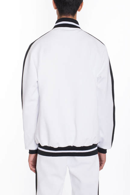 White track jacket back view with black-trim collar and stripe side panels