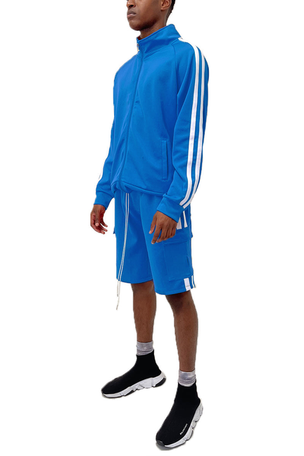 Blue two-stripe cargo short set with track jacket and matching shorts