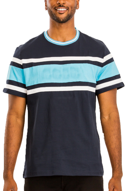 Navy crewneck tee with light blue and white horizontal stripes