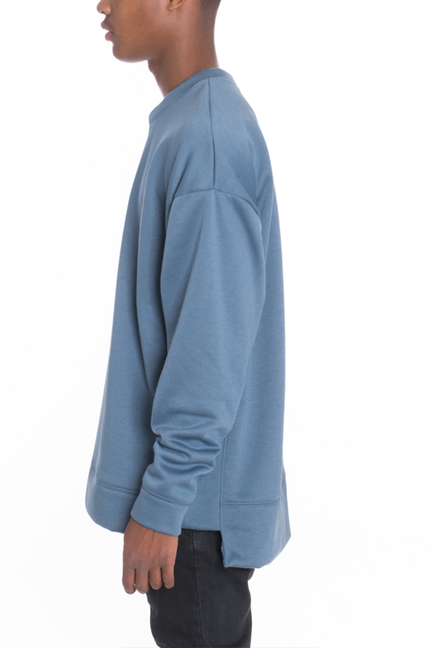 Blue sidepanel pullover, long-sleeve crewneck sweatshirt with ribbed cuffs