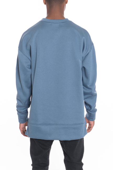 Blue sidepanel pullover sweatshirt, back view with crewneck and long sleeves