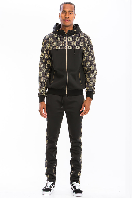 Printed track set: zip hoodie and jogger pants, black with gold geometric pattern