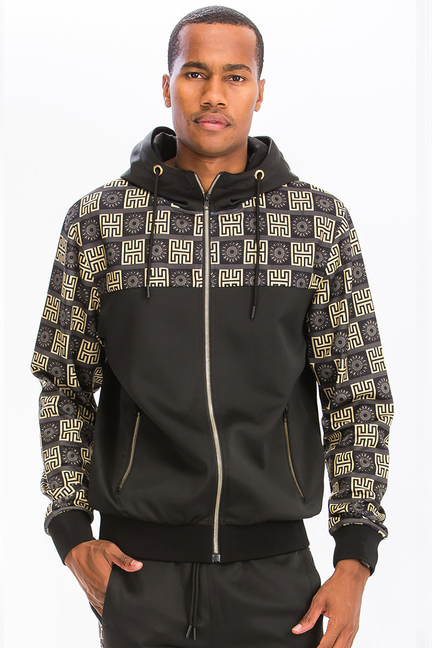 Printed track set hoodie close-up, black zip hoodie with gold geometric pattern and hood