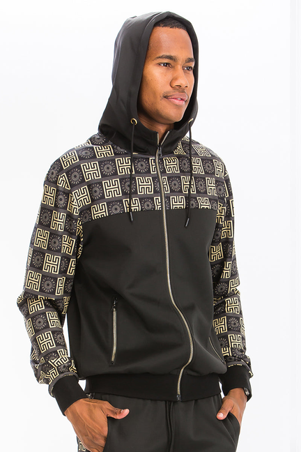 Zip hoodie with hood, black and gold geometric print sleeves and front zipper