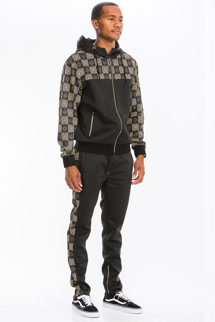 Printed track set, black zip hoodie with hood and joggers with gold geometric side print