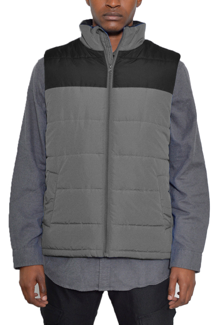 Two-tone padded vest with black upper and grey lower panels, full zip front