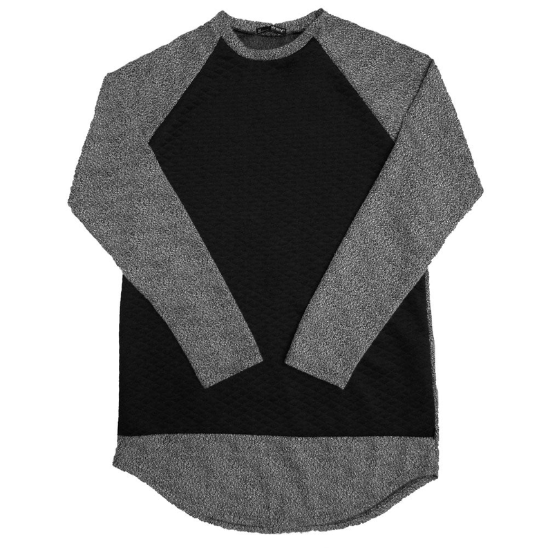 Black-and-heather gray raglan baseball tee with scalloped hem