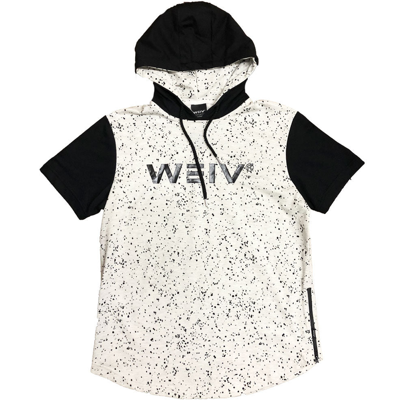 Splatter logo hoodie tee with black hood and short sleeves, white with black speckle print