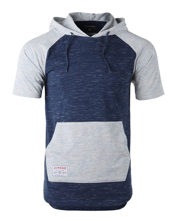 Men's short-sleeve color block raglan hoodie, dark navy and light blue, hood pocket