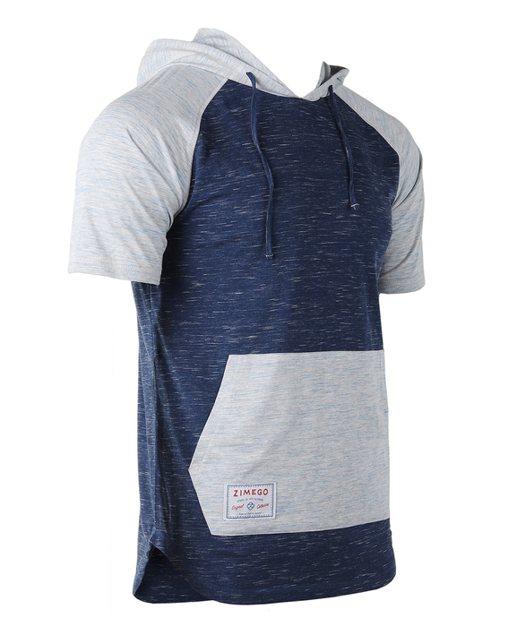 Men's short-sleeve raglan hoodie, light blue and dark navy color-block front panel, hood