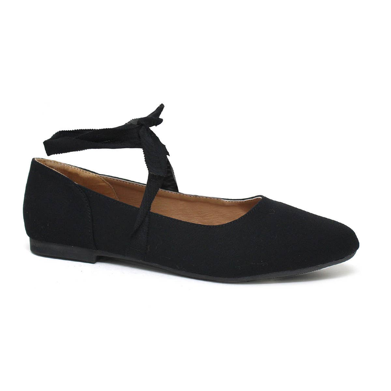 Women's black ballet flat with ruffle bow strap and low block heel