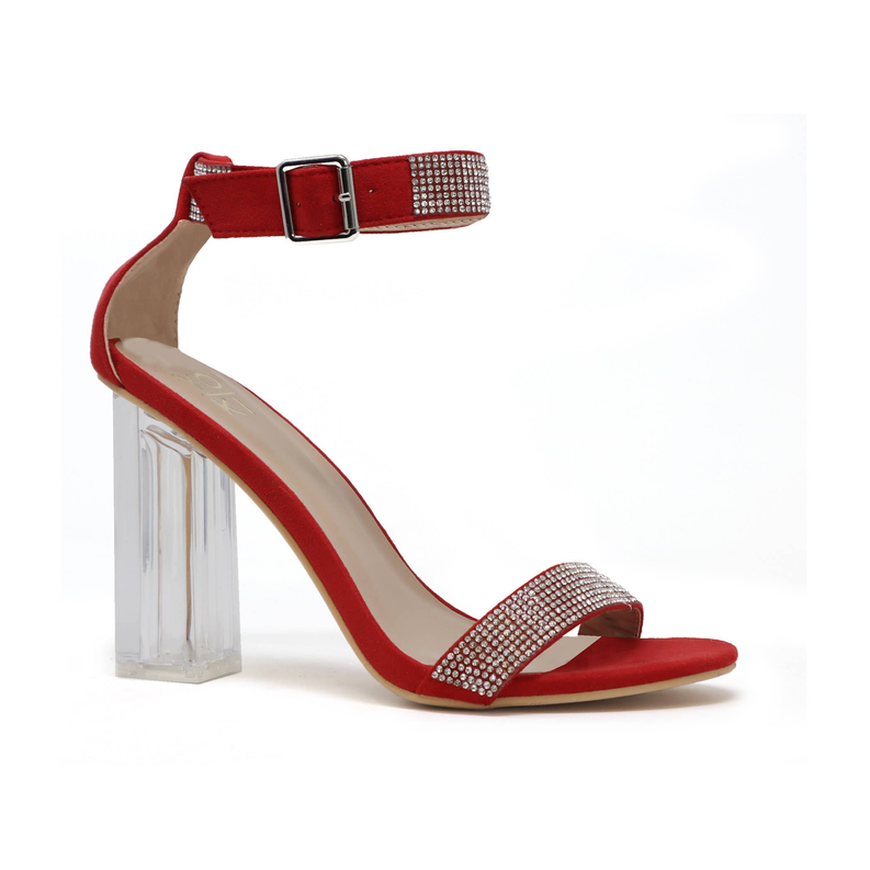 Womens red high heel sandals with clear block heel, rhinestone ankle strap and buckle