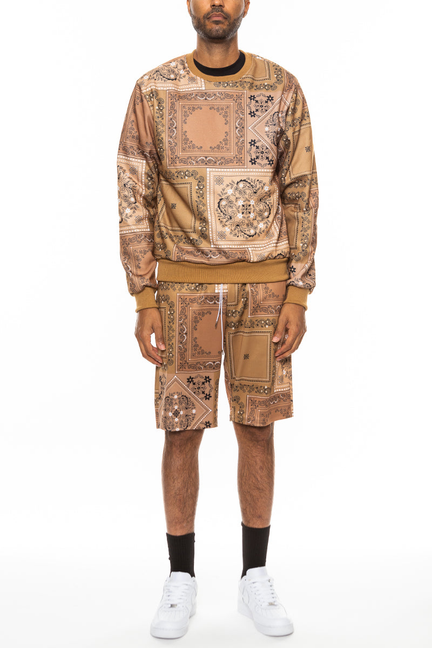 Khaki paisley all-over print crewneck sweatshirt and shorts set