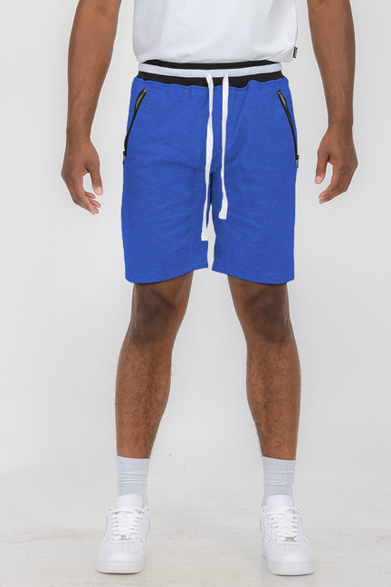 Royal blue French terry shorts with white drawstring and elastic waist, above-knee length