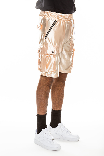 Champagne satin cargo shorts with cargo pockets, button closure, and belt loops