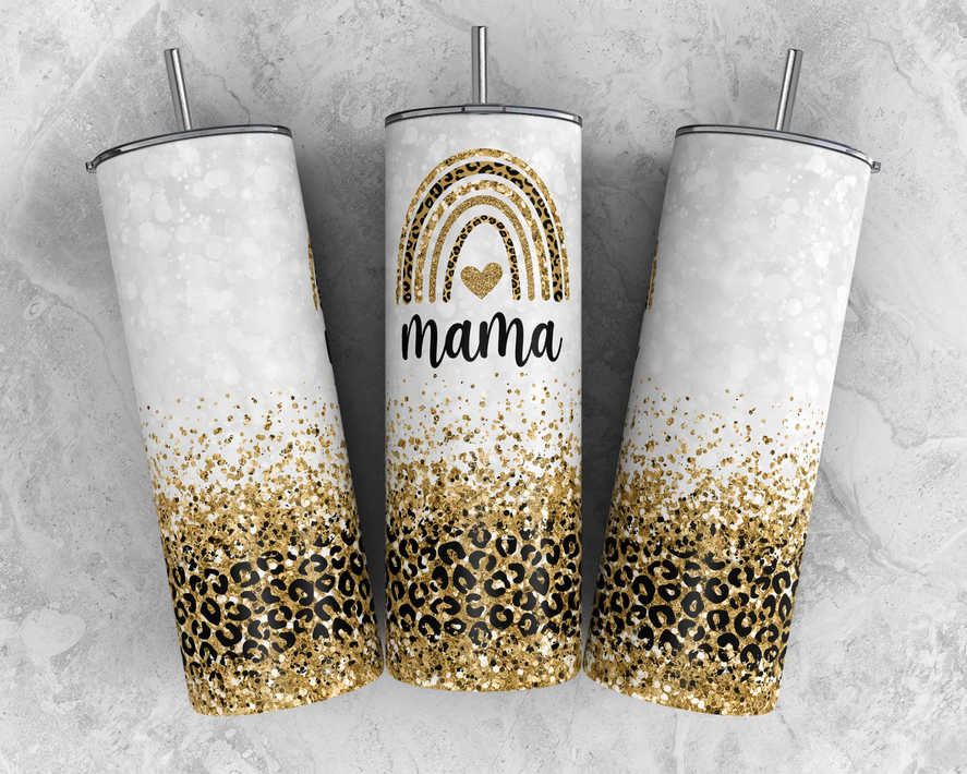 Stainless steel tumbler set, white and gold glitter leopard design with straws and lids